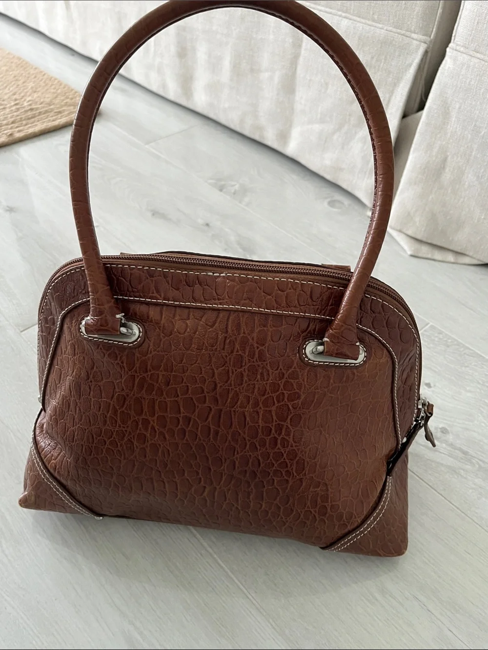 Brown Croc-Embossed Leather Top-Handle Bag from Talbots
